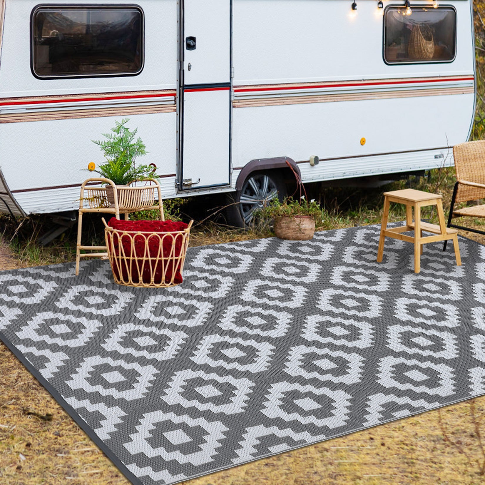 Garvee Outdoor Grey & White 9x18 Rug for Patios Waterproof Reversible Mats Plastic Straw Rug Modern Geometric Floor Mat for Patio Porch RV Backyard Pool Deck Picnic Beach Trailer Camping