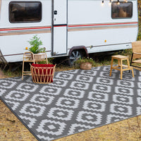 Garvee Outdoor Grey & White 9x18 Rug for Patios Waterproof Reversible Mats Plastic Straw Rug Modern Geometric Floor Mat for Patio Porch RV Backyard Pool Deck Picnic Beach Trailer Camping
