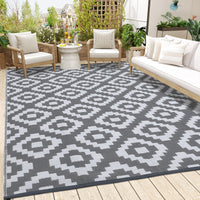 Garvee Outdoor Grey & White 9x18 Rug for Patios Waterproof Reversible Mats Plastic Straw Rug Modern Geometric Floor Mat for Patio Porch RV Backyard Pool Deck Picnic Beach Trailer Camping