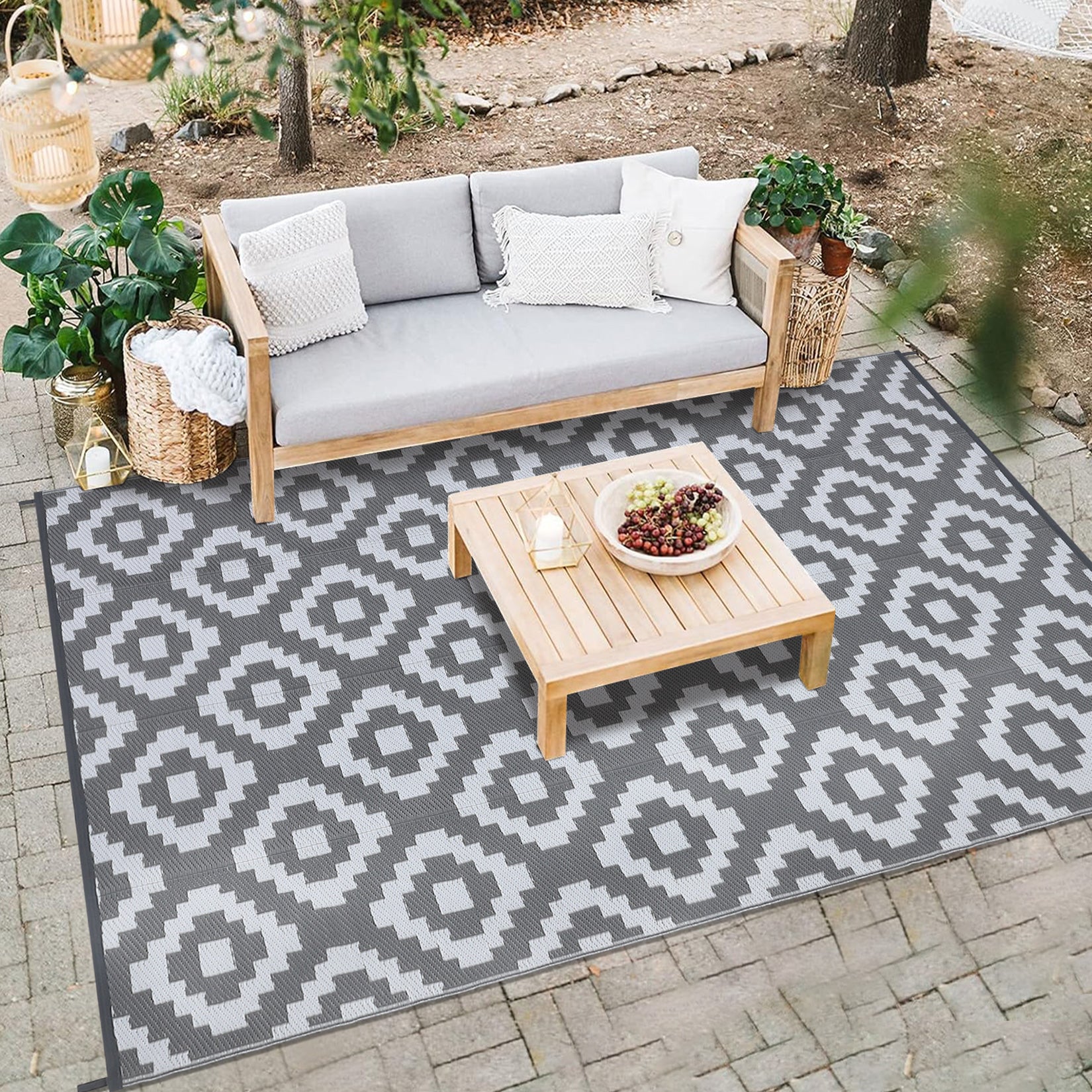 Garvee Outdoor Grey & White 9x18 Rug for Patios Waterproof Reversible Mats Plastic Straw Rug Modern Geometric Floor Mat for Patio Porch RV Backyard Pool Deck Picnic Beach Trailer Camping