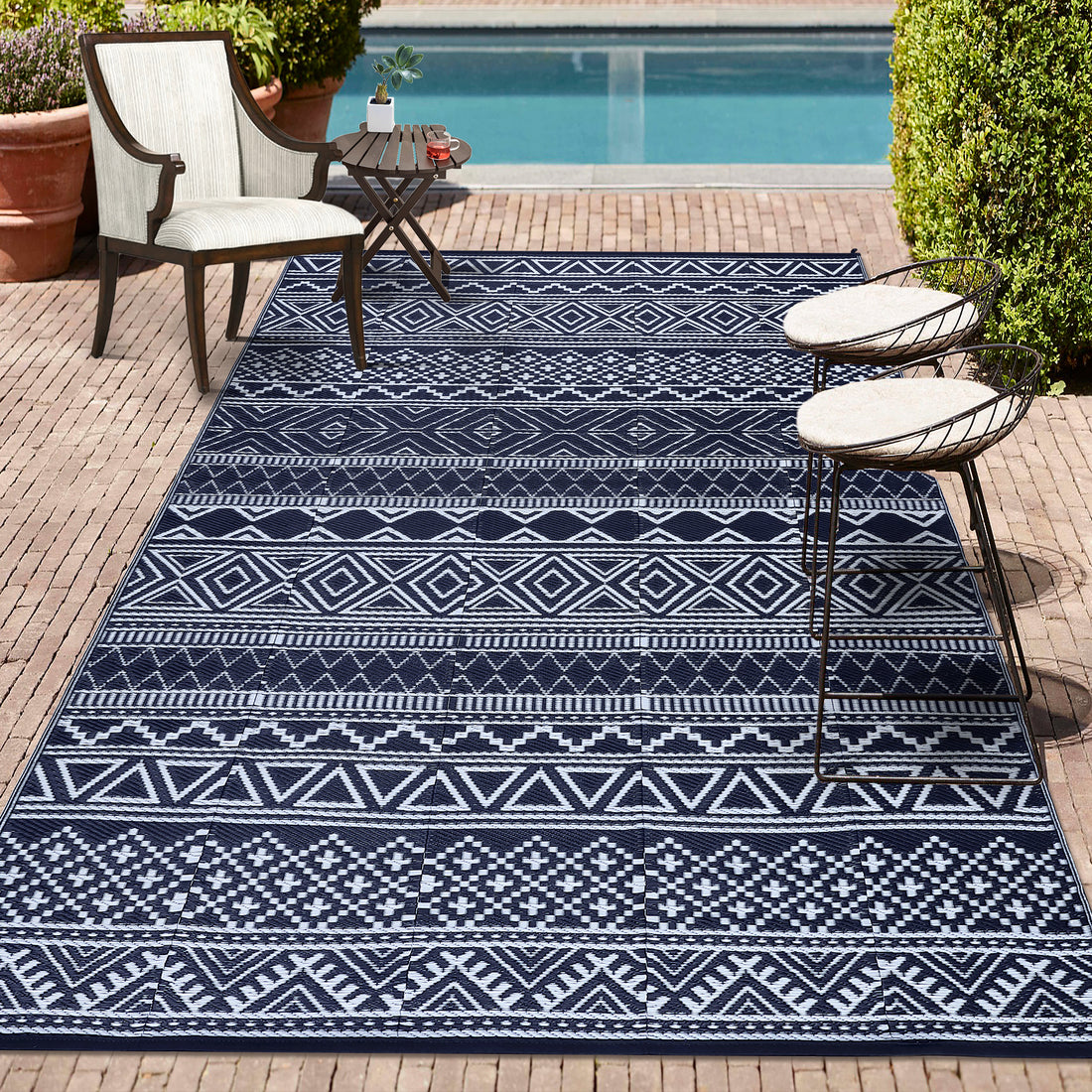 Garvee Outdoor Navy Blue & White 8x10 Rug Carpet Waterproof Reversible Patio Rug Boho Print Camping Rug Plastic Straw Rug Geometric Rv Mat for Patio Camping Picnic Backyard Deck Balcony Porch Beach