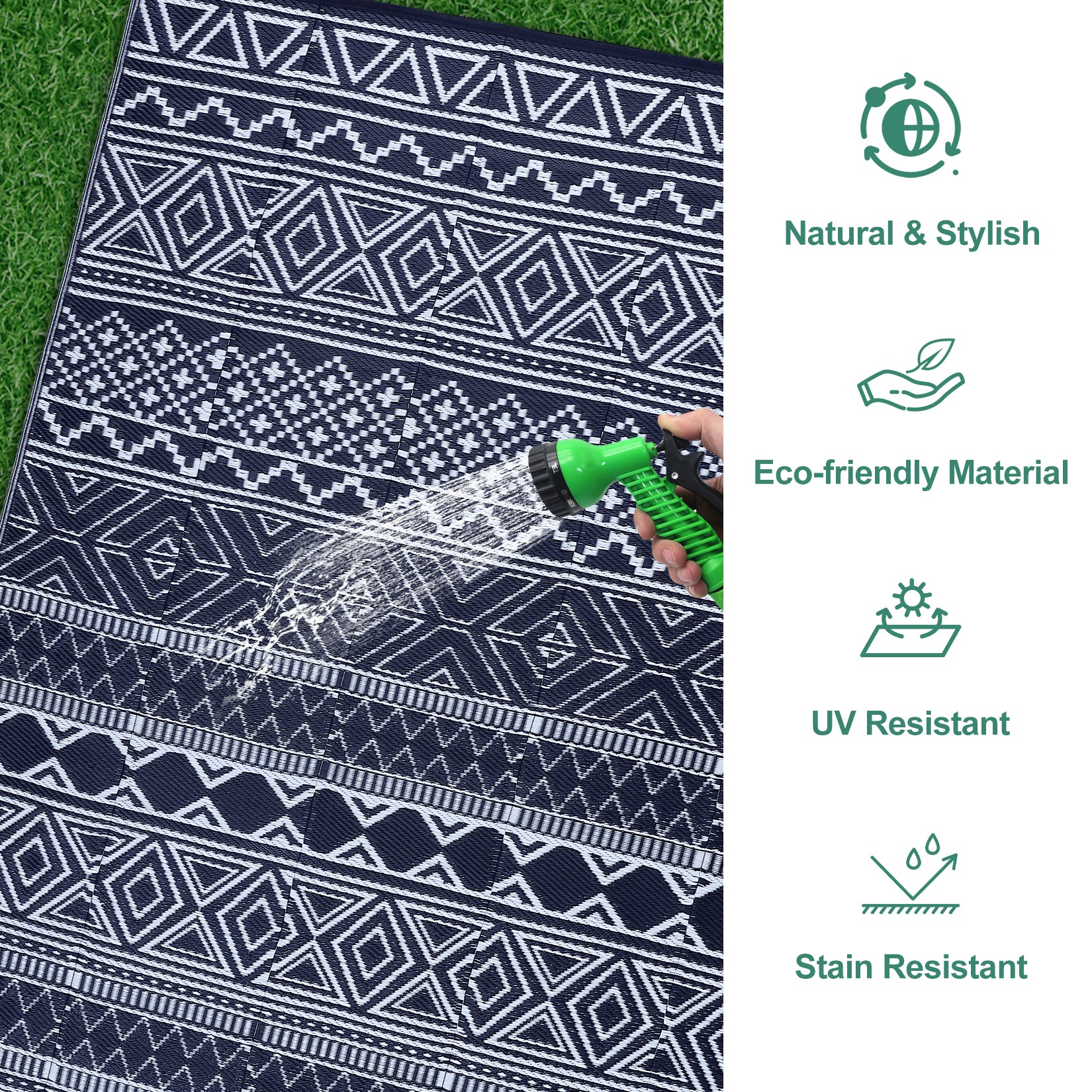 Garvee Outdoor Navy Blue & White 8x10 Rug Carpet Waterproof Reversible Patio Rug Boho Print Camping Rug Plastic Straw Rug Geometric Rv Mat for Patio Camping Picnic Backyard Deck Balcony Porch Beach