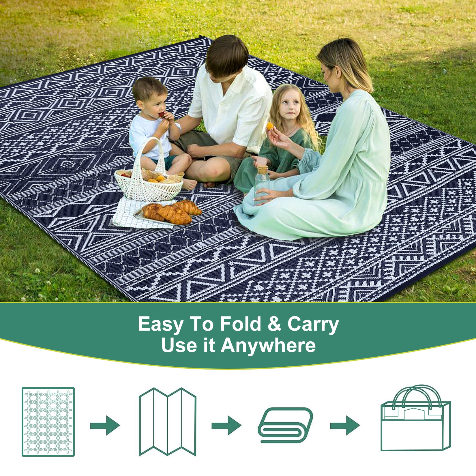 Garvee Outdoor Navy Blue & White 8x10 Rug Carpet Waterproof Reversible Patio Rug Boho Print Camping Rug Plastic Straw Rug Geometric Rv Mat for Patio Camping Picnic Backyard Deck Balcony Porch Beach
