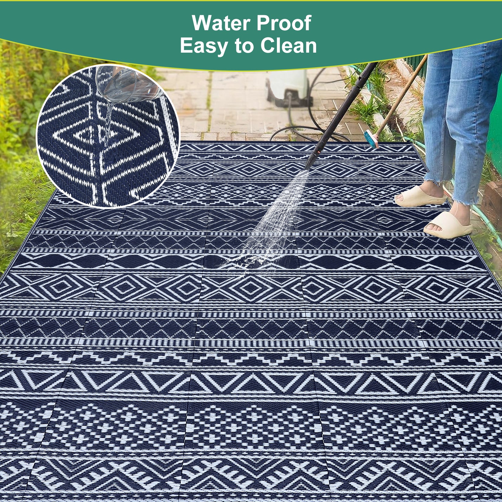 Garvee Outdoor Navy Blue & White 8x10 Rug Carpet Waterproof Reversible Patio Rug Boho Print Camping Rug Plastic Straw Rug Geometric Rv Mat for Patio Camping Picnic Backyard Deck Balcony Porch Beach