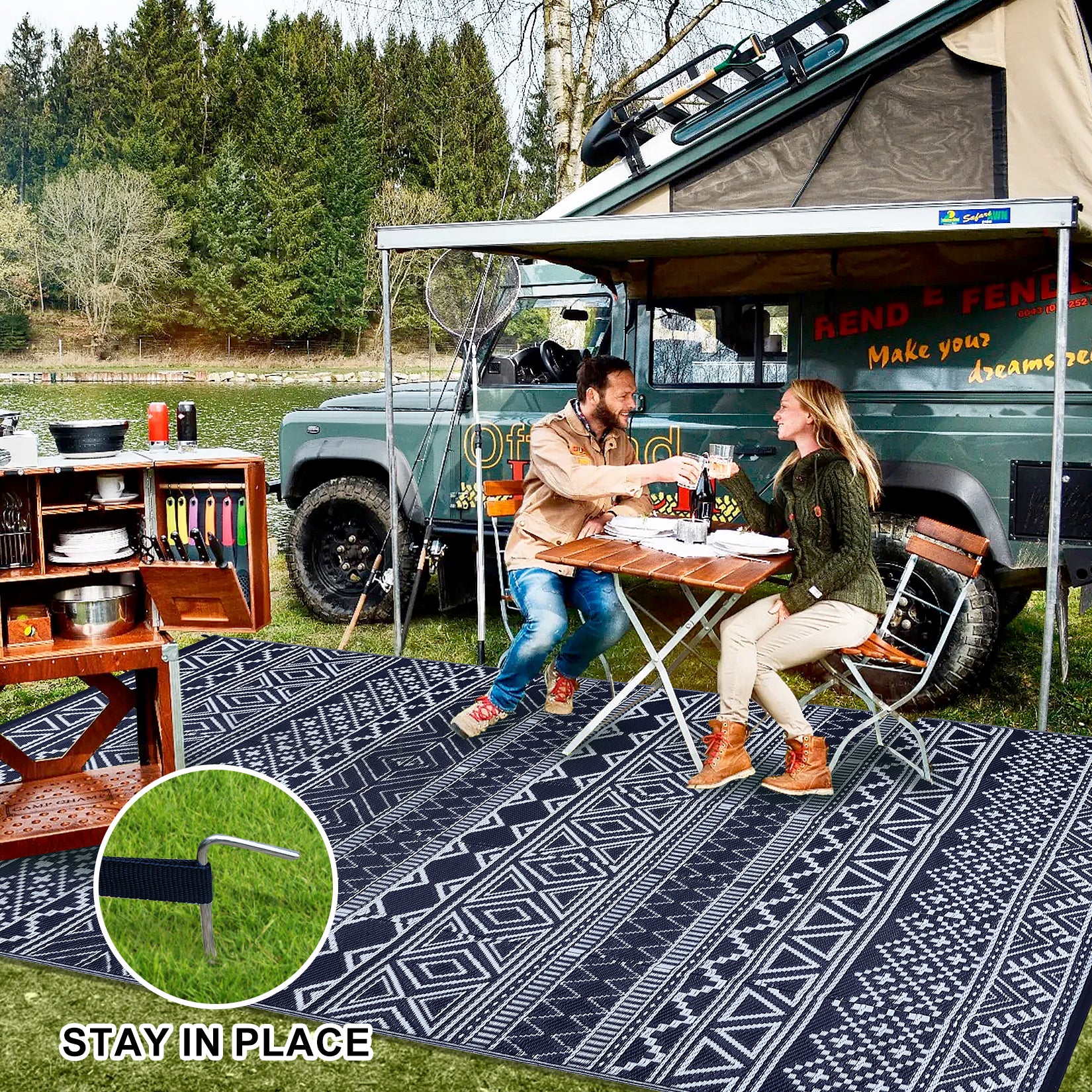 Garvee Outdoor Navy Blue & White 8x10 Rug Carpet Waterproof Reversible Patio Rug Boho Print Camping Rug Plastic Straw Rug Geometric Rv Mat for Patio Camping Picnic Backyard Deck Balcony Porch Beach