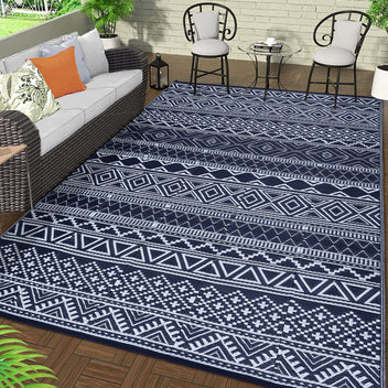 Garvee Outdoor Navy Blue & White 9x18 Reversible Rug, Waterproof Mat, Modern Bohemian Style, PP Plastic, Weatherproof, Easy to Clean, Black&Navy, for Camping, Patio, RV