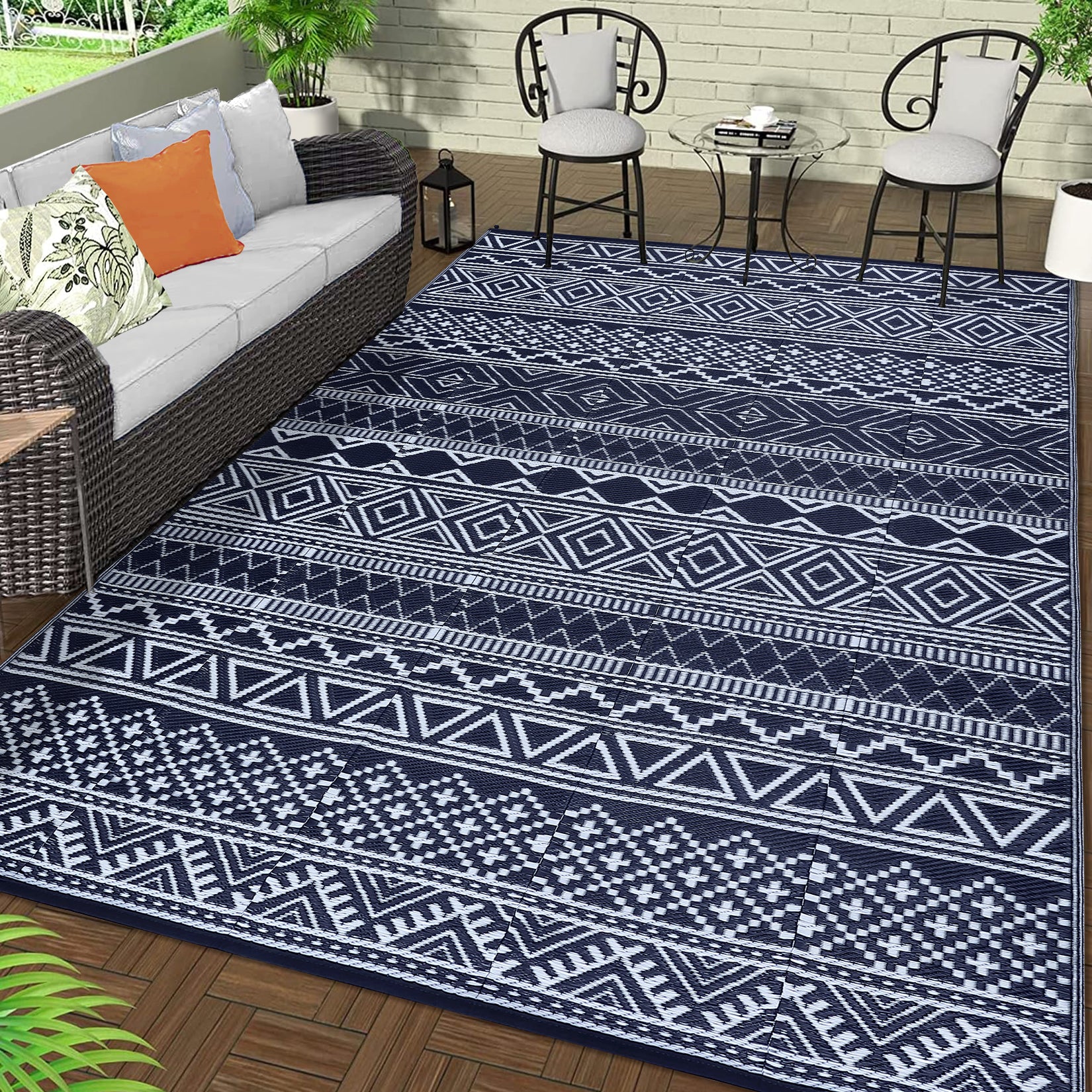 Garvee Outdoor Navy Blue & White 8x10 Rug Carpet Waterproof Reversible Patio Rug Boho Print Camping Rug Plastic Straw Rug Geometric Rv Mat for Patio Camping Picnic Backyard Deck Balcony Porch Beach