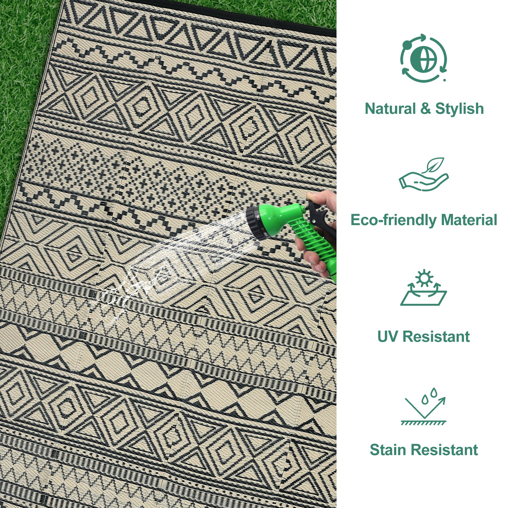Garvee Outdoor Black & Coffee 8x10 Rug Carpet Waterproof Reversible Patio Rug Boho Print Camping Rug Plastic Straw Rug Geometric Rv Mat for Patio Camping Picnic Backyard Deck Balcony Porch Beach