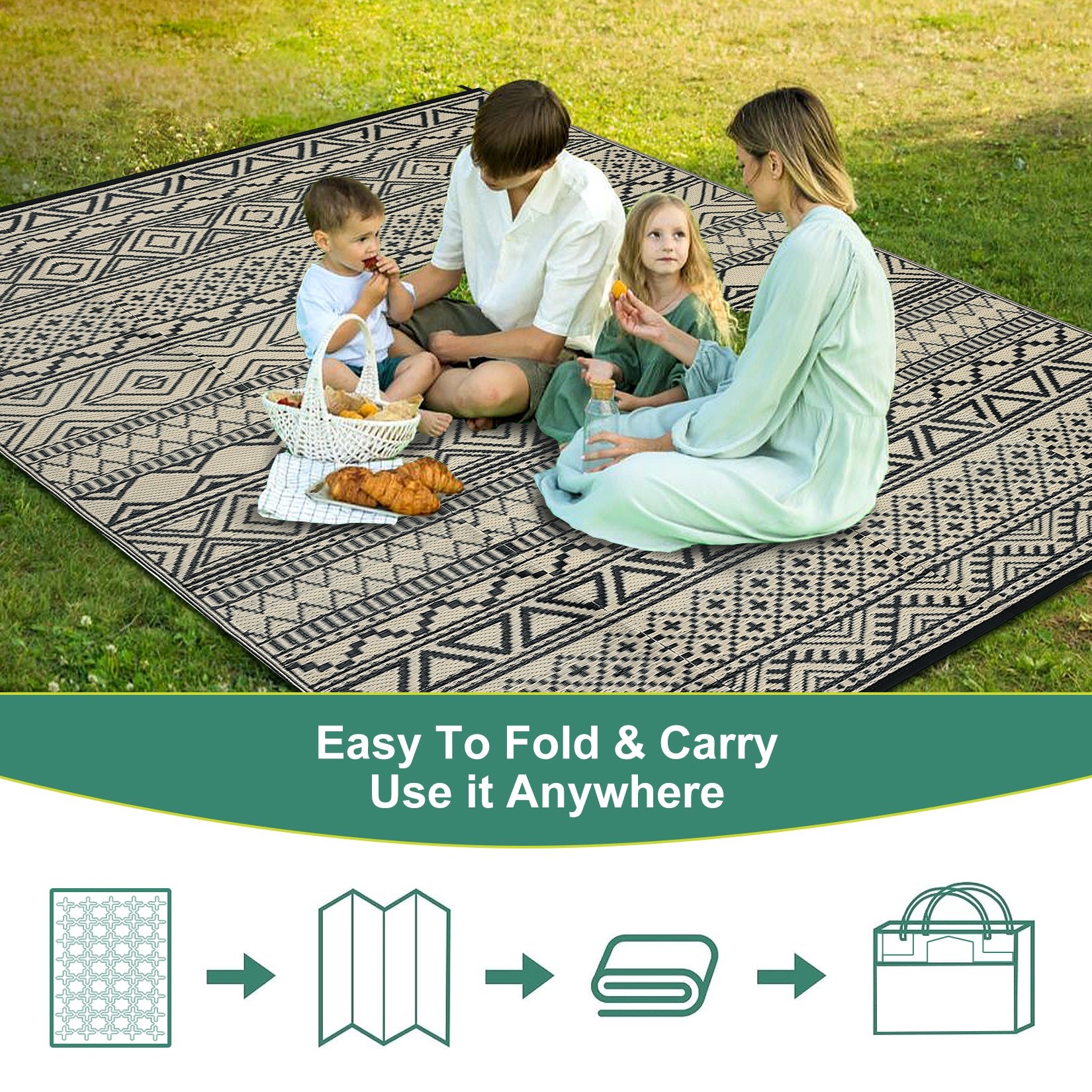 Garvee Outdoor Black & Coffee 8x10 Rug Carpet Waterproof Reversible Patio Rug Boho Print Camping Rug Plastic Straw Rug Geometric Rv Mat for Patio Camping Picnic Backyard Deck Balcony Porch Beach