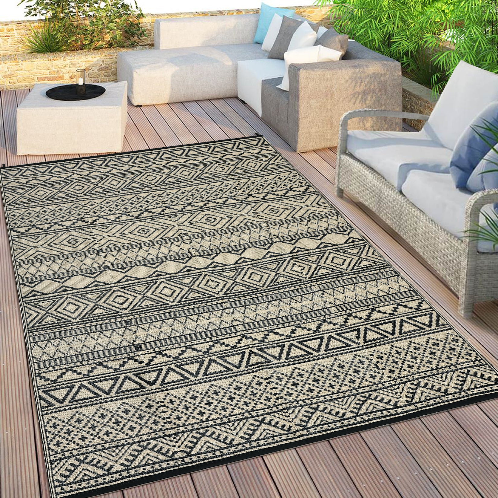 Garvee Outdoor Black & Coffee 8x10 Rug Carpet Waterproof Reversible Patio Rug Boho Print Camping Rug Plastic Straw Rug Geometric Rv Mat for Patio Camping Picnic Backyard Deck Balcony Porch Beach