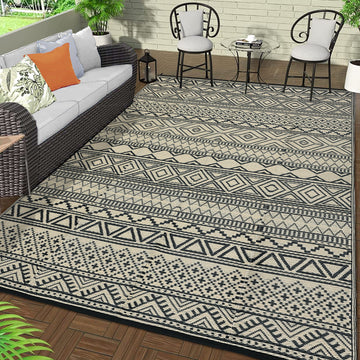 Garvee Outdoor Black & Coffee 8x10 Rug Carpet Waterproof Reversible Patio Rug Boho Print Camping Rug Plastic Straw Rug Geometric Rv Mat for Patio Camping Picnic Backyard Deck Balcony Porch Beach