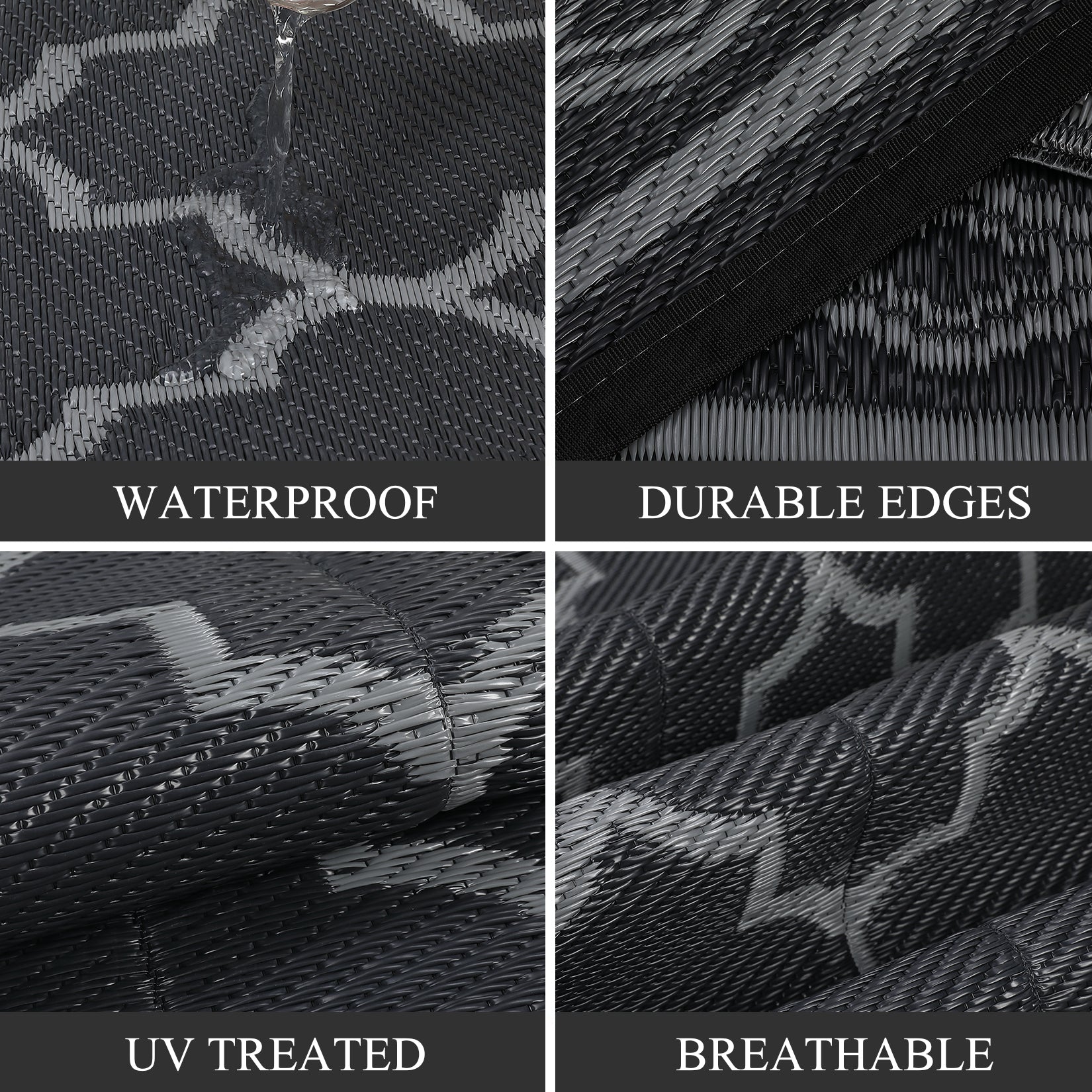 Garvee Outdoor Black Grey 5x8 Waterproof Reversible Mat for Patio Clearance Camping RV Plastic Straw Rug Outside Indoor Outdoor Area Rug Moroccan Print Rug for Backyard, Deck, Picnic, Porch