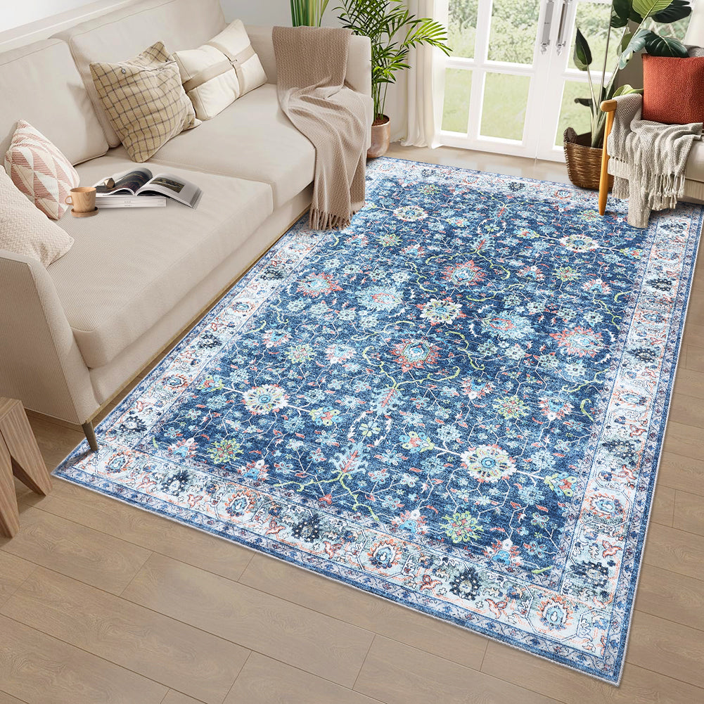 Garvee Area Rug 8x10 Rugs for Living Room,Vintage Rug for Living Room Bedroom Dinning Room,Boho Distressed Tribal Area Rug,Low Pile Non-Slip Washable Indoor Door Mat for Kitchen Entryway Bathroom Blue