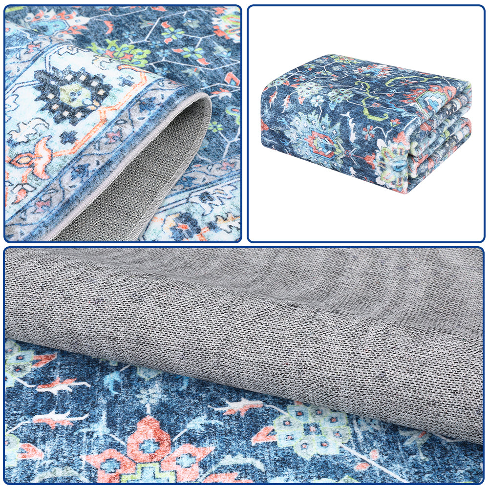 Garvee Area Rug 8x10 Rugs for Living Room,Vintage Rug for Living Room Bedroom Dinning Room,Boho Distressed Tribal Area Rug,Low Pile Non-Slip Washable Indoor Door Mat for Kitchen Entryway Bathroom Blue