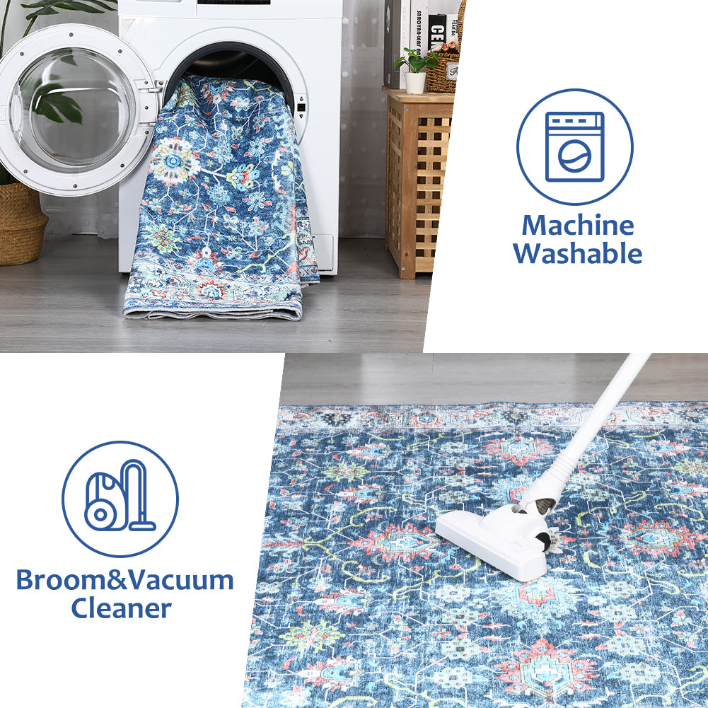 Garvee Area Rug 8x10 Rugs for Living Room,Vintage Rug for Living Room Bedroom Dinning Room,Boho Distressed Tribal Area Rug,Low Pile Non-Slip Washable Indoor Door Mat for Kitchen Entryway Bathroom Blue