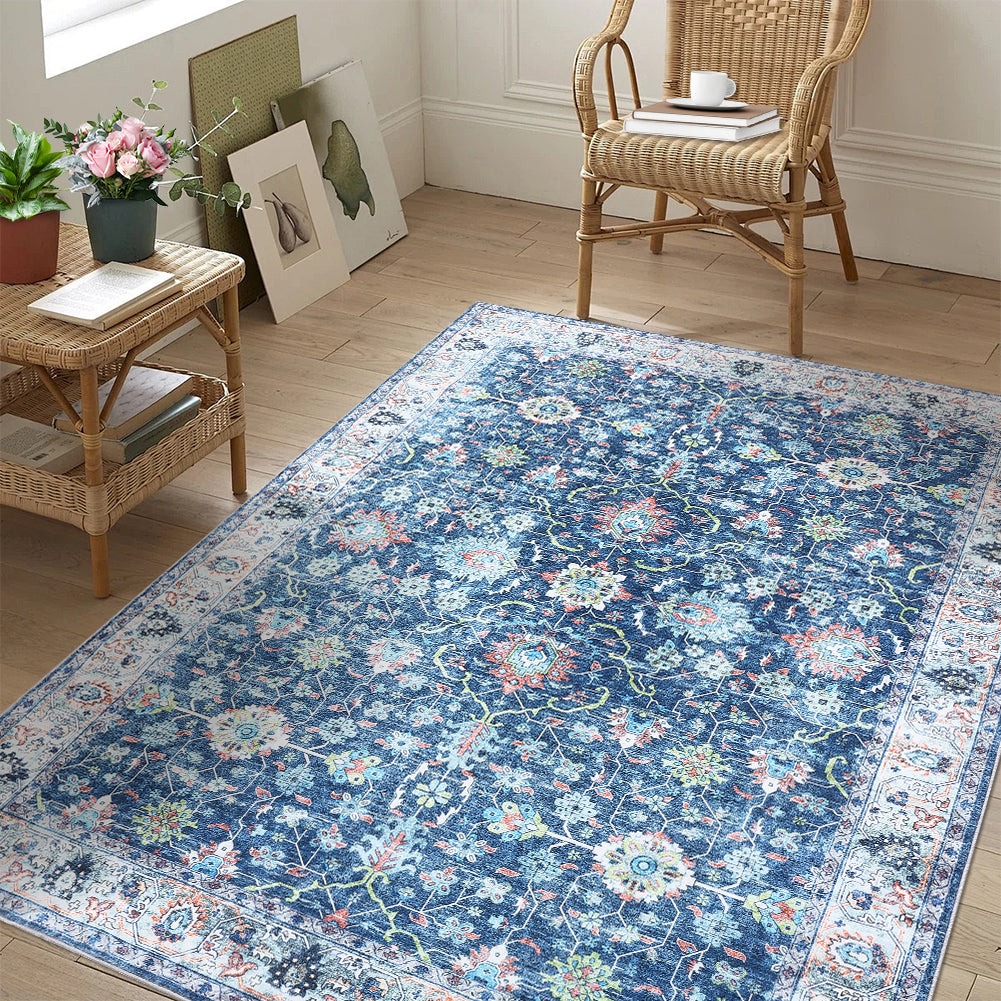Garvee Area Rug 5x7 Rugs for Living Room,Vintage Rug for Living Room Bedroom Dinning Room,Boho Distressed Tribal Area Rug,Low Pile Non-Slip Washable Indoor Door Mat for Kitchen Entryway Bathroom Blue