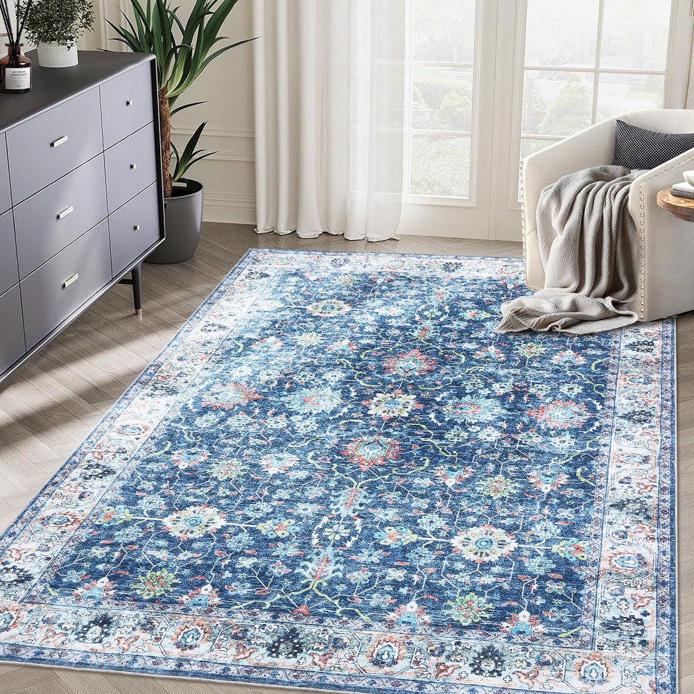 Garvee Area Rug 8x10 Rugs for Living Room,Vintage Rug for Living Room Bedroom Dinning Room,Boho Distressed Tribal Area Rug,Low Pile Non-Slip Washable Indoor Door Mat for Kitchen Entryway Bathroom Blue