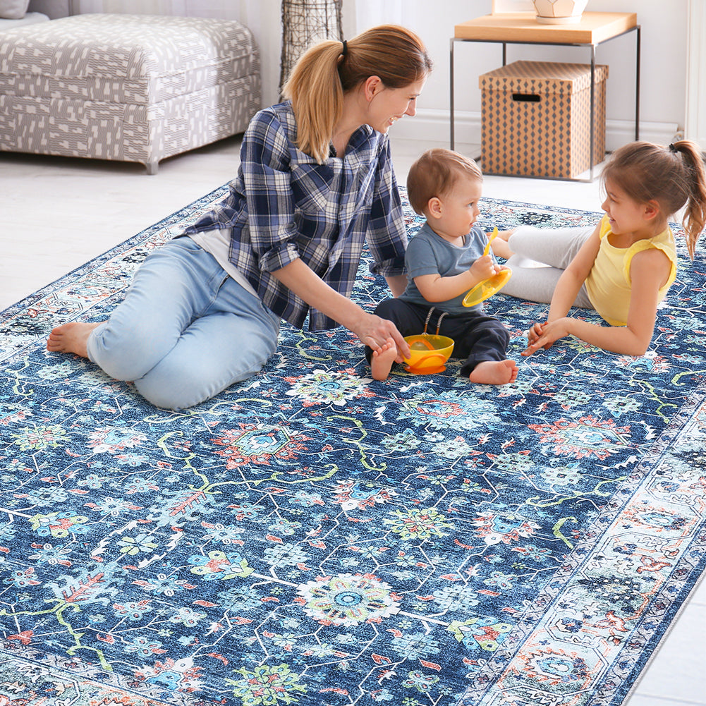 Garvee Area Rug 6x9 Rugs for Living Room,Vintage Rug for Living Room Bedroom Dinning Room,Boho Distressed Tribal Area Rug,Low Pile Non-Slip Washable Indoor Door Mat for Kitchen Entryway Bathroom Blue