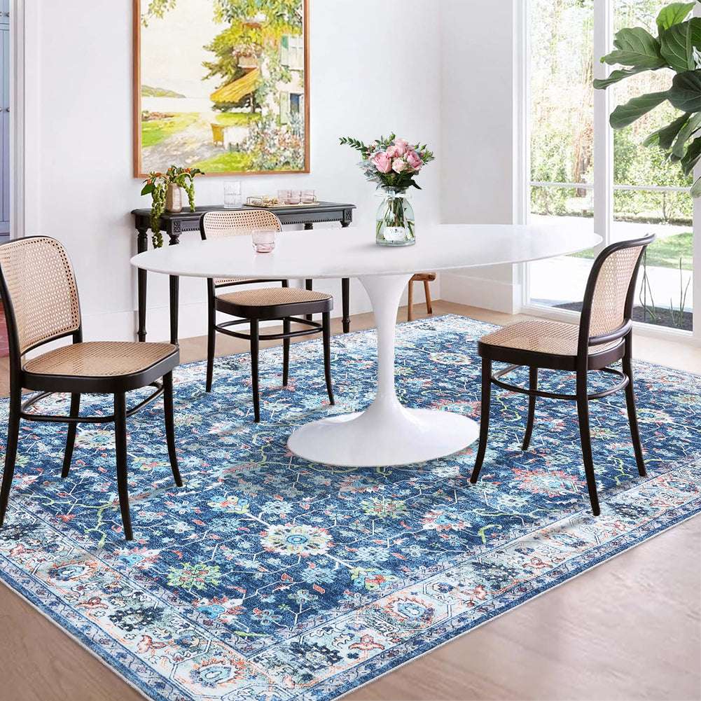 Garvee Area Rug 4x6 Rugs for Living Room,Vintage Rug for Living Room Bedroom Dinning Room,Boho Distressed Tribal Area Rug,Low Pile Non-Slip Washable Indoor Door Mat for Kitchen Entryway Bathroom Blue