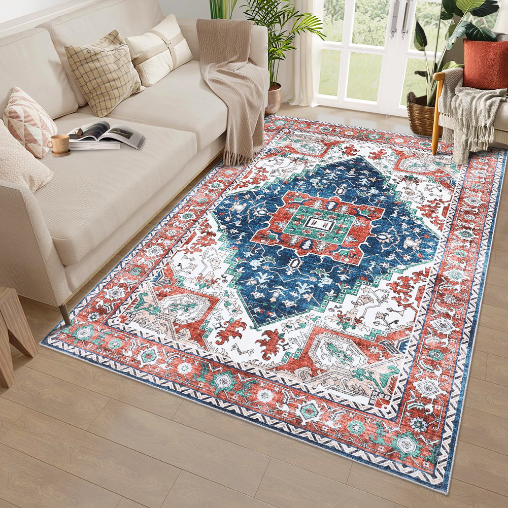 Garvee Oriental Red 4x6 Vintage Boho Area Rug, Distressed Tribal Low Pile Non-Slip Washable Carpet for Living Room Bedroom Dining Kitchen Entryway