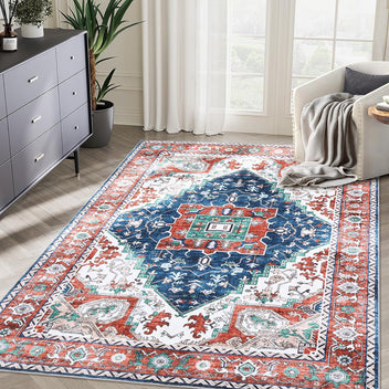 Garvee Oriental Red 9x12 Vintage Boho Area Rug, Distressed Tribal Low Pile Non-Slip Washable Carpet for Living Room Bedroom Dining Kitchen Entryway