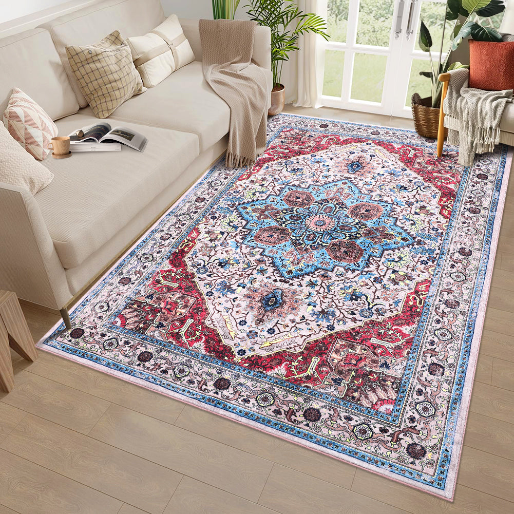 Garvee Area Rug 9x12 Rugs for Living Room,Vintage Rug for Living Room Bedroom Dinning Room,Boho Distressed Tribal Area Rug,Low Pile Non-Slip Washable Indoor Door Mat for Kitchen Entryway Bathroom RED