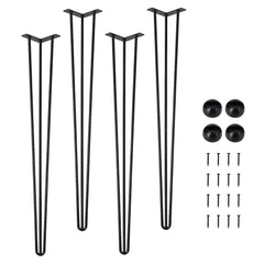 Set of five black metal U-shaped legs with base plates, caps, screws, and wood installation example