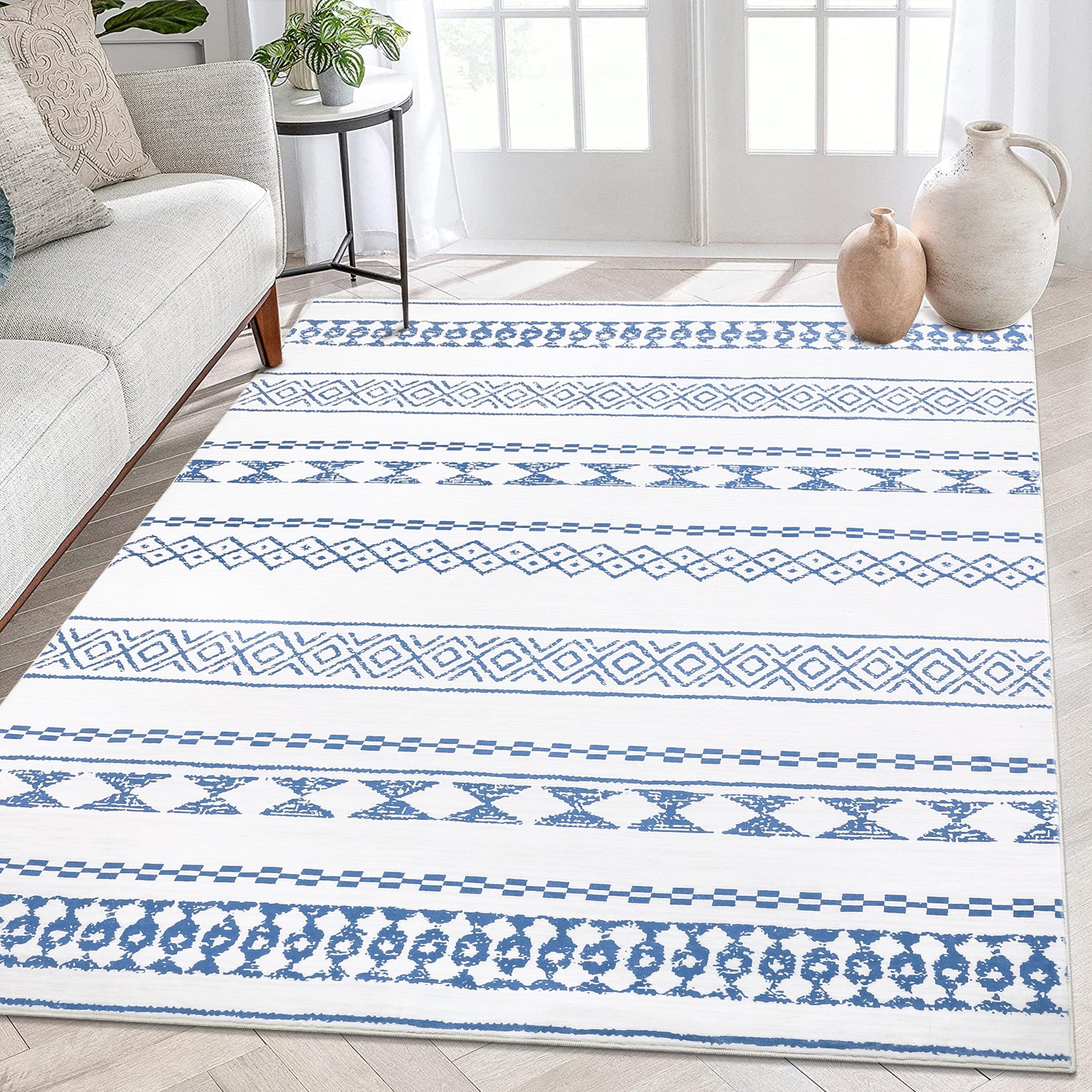 Garvee Boho Blue 9x12 Washable Rug for Living Room Bohemian Farmhouse Area Rug Stain Resistant Area Rug Modern Geometric Area Rug for Bedroom Dining Room Home Office