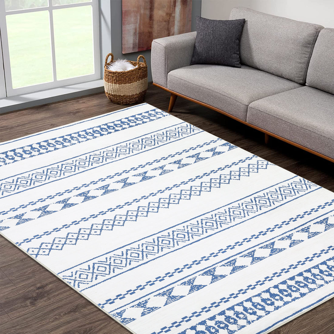 Garvee Boho Blue 8x10 Washable Rug for Living Room Bohemian Farmhouse Area Rug Stain Resistant Area Rug Modern Geometric Area Rug for Bedroom Dining Room Home Office