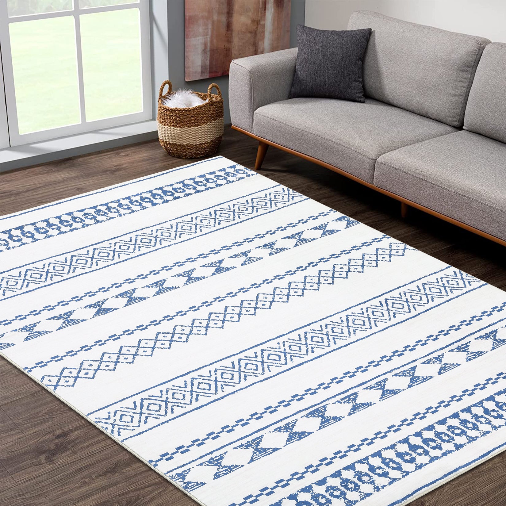 Garvee Boho Blue 9x12 Washable Rug for Living Room Bohemian Farmhouse Area Rug Stain Resistant Area Rug Modern Geometric Area Rug for Bedroom Dining Room Home Office
