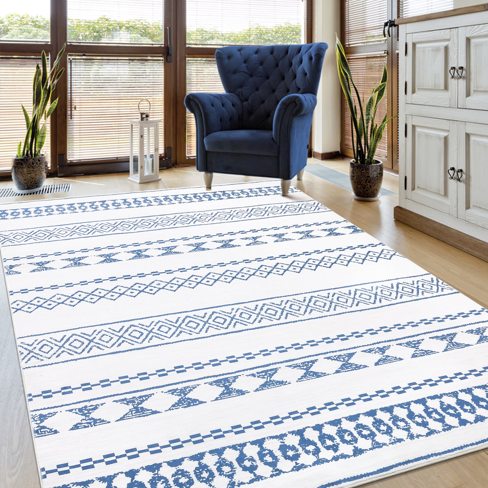 Garvee Boho Blue 9x12 Washable Rug for Living Room Bohemian Farmhouse Area Rug Stain Resistant Area Rug Modern Geometric Area Rug for Bedroom Dining Room Home Office