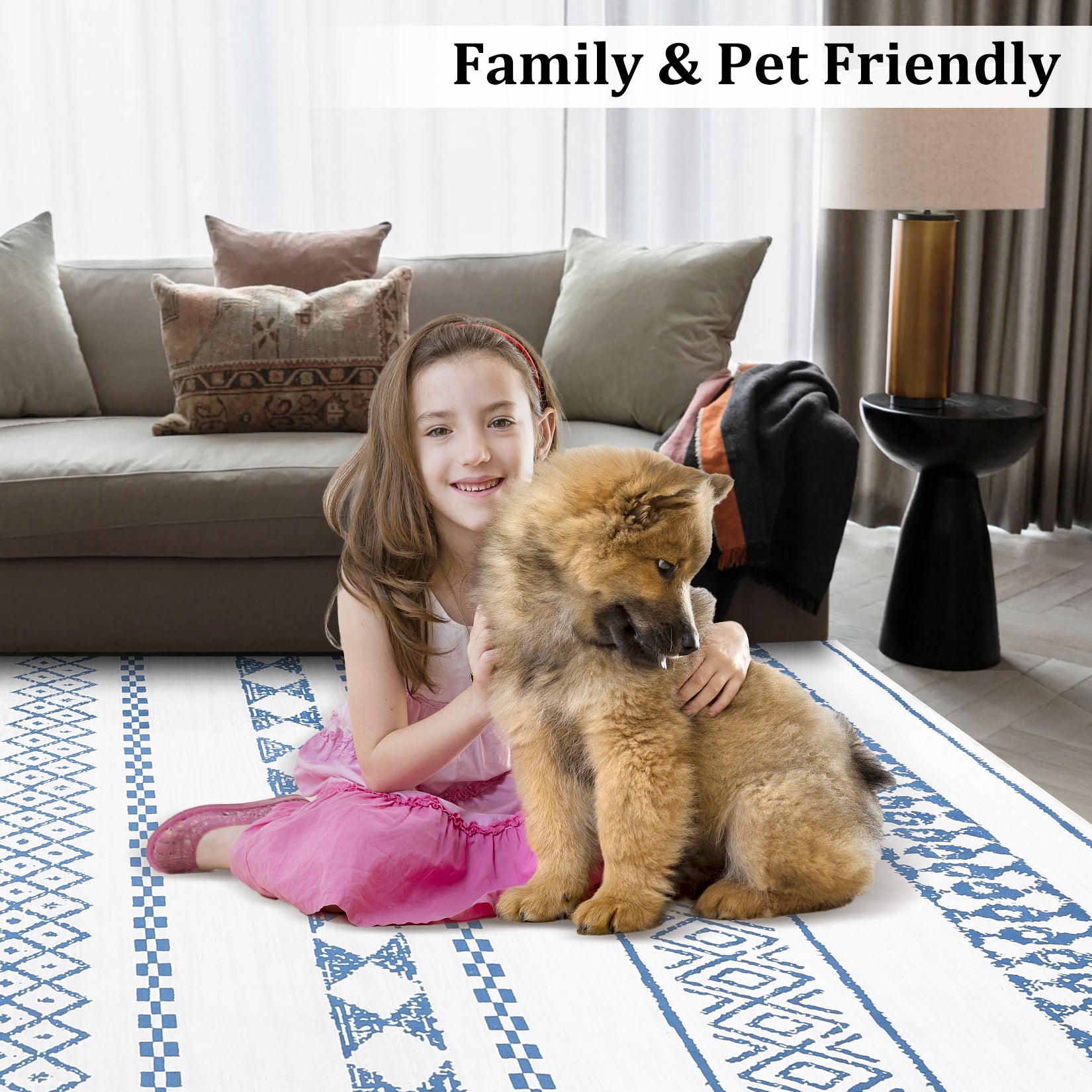 Garvee Boho Blue 9x12 Washable Rug for Living Room Bohemian Farmhouse Area Rug Stain Resistant Area Rug Modern Geometric Area Rug for Bedroom Dining Room Home Office