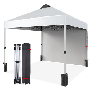 Garvee 10'x10' Commercial Pop-Up Canopy Portable Outdoor Tent with 1 Sidewall, 4 Stakes, Ropes, Weight Bags & Wheel Bag, White