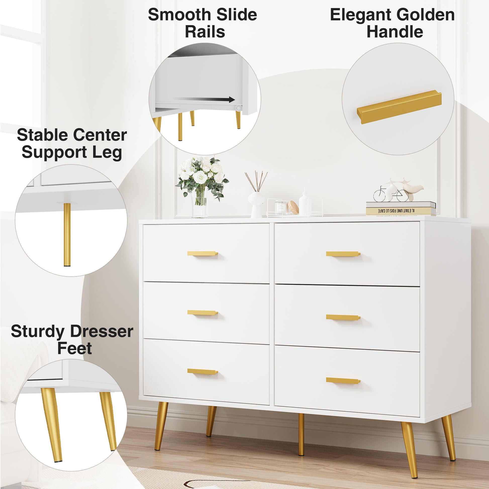 Garvee 6 Drawer Dresser with Storage Space, Modern Wooden Dresser with Gold Handles, Chest Dresser with Deep Drawers for Bedroom, Living Room and Entryway, White