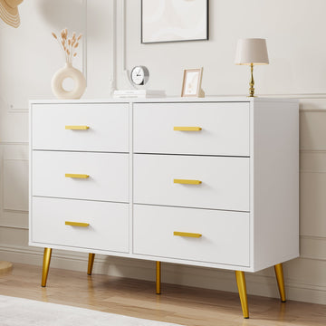 Garvee 6 Drawer Dresser with Storage Space, Modern Wooden Dresser with Gold Handles, Chest Dresser with Deep Drawers for Bedroom, Living Room and Entryway, White