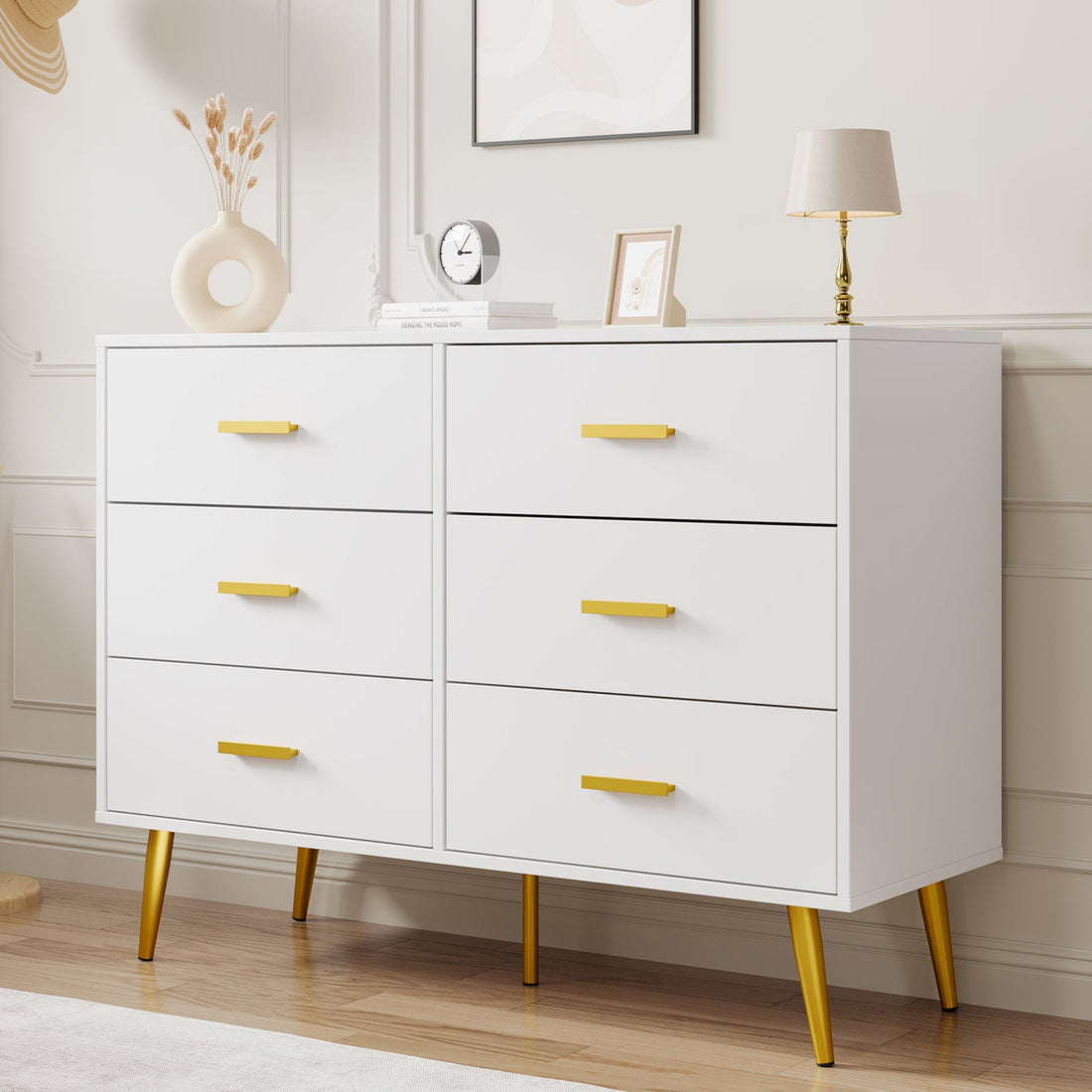 Garvee 6 Drawer Dresser with Storage Space, Modern Wooden Dresser with Gold Handles, Chest Dresser with Deep Drawers for Bedroom, Living Room and Entryway, White