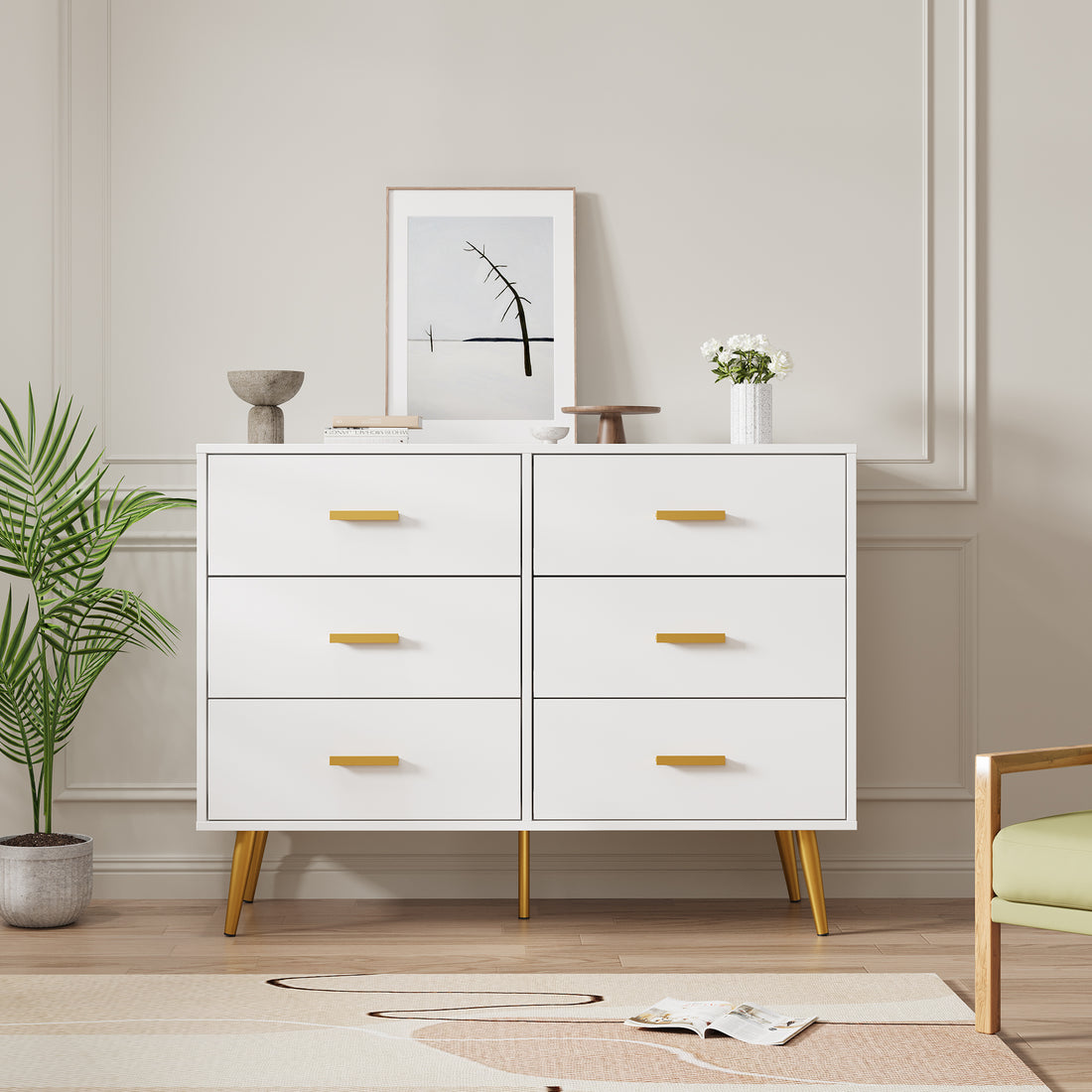 Garvee 6 Drawer Dresser with Storage Space, Modern Wooden Dresser with Gold Handles, Chest Dresser with Deep Drawers for Bedroom, Living Room and Entryway, White