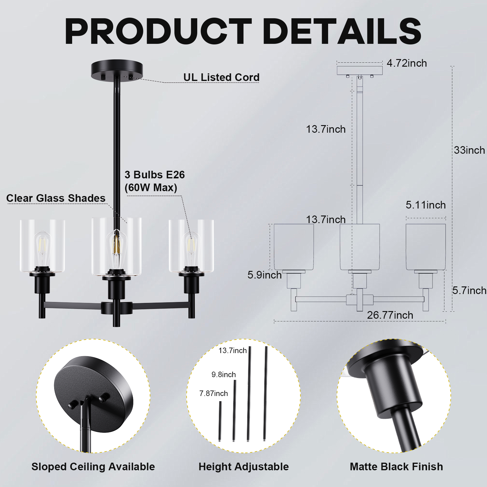 Garvee 3-Light Chandelier for Dining Room, Farmhouse Chandelier with Clear Glass, Height Adjustable Industrial Metal Hanging Fixture Pendant Ceiling Lighting for Foyer Living Room, Kitchen