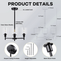 Garvee 3-Light Chandelier for Dining Room, Farmhouse Chandelier with Clear Glass, Height Adjustable Industrial Metal Hanging Fixture Pendant Ceiling Lighting for Foyer Living Room, Kitchen