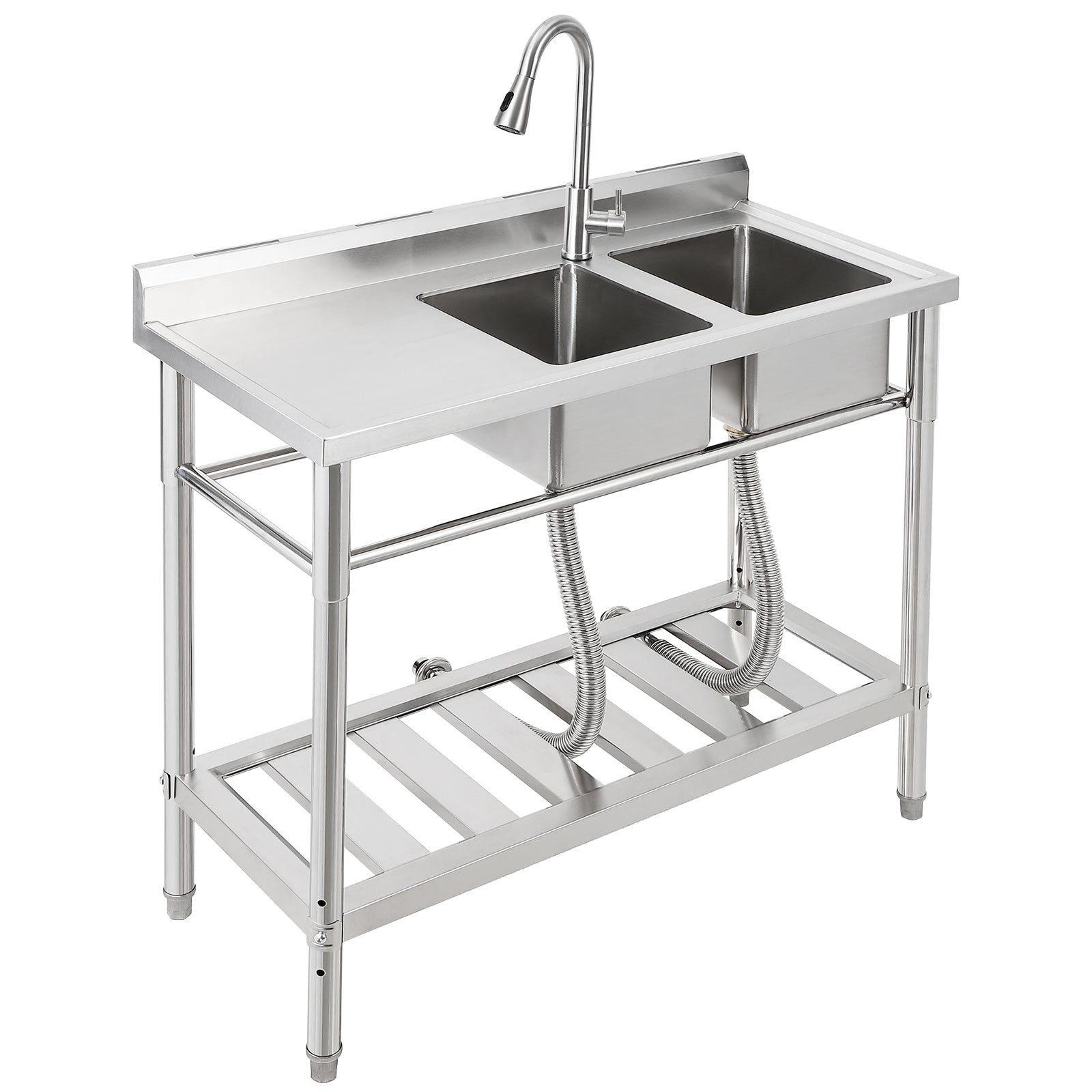 Garvee 39"W x 18"D x 40"H Freestanding 2-Bowl Sink - Stainless Steel Utility Kitchen Sink with Faucet, Drainboard, Workbench, and Storage Shelves for Restaurant, Cafe, Bar, Hotel, Garage, Laundry Room