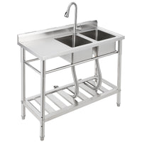 Garvee 39"W x 18"D x 40"H Freestanding 2-Bowl Sink - Stainless Steel Utility Kitchen Sink with Faucet, Drainboard, Workbench, and Storage Shelves for Restaurant, Cafe, Bar, Hotel, Garage, Laundry Room