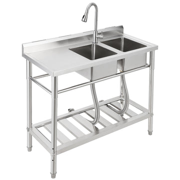 Garvee 39"W x 18"D x 40"H Freestanding 2-Bowl Sink - Stainless Steel Utility Kitchen Sink with Faucet, Drainboard, Workbench, and Storage Shelves for Restaurant, Cafe, Bar, Hotel, Garage, Laundry Room