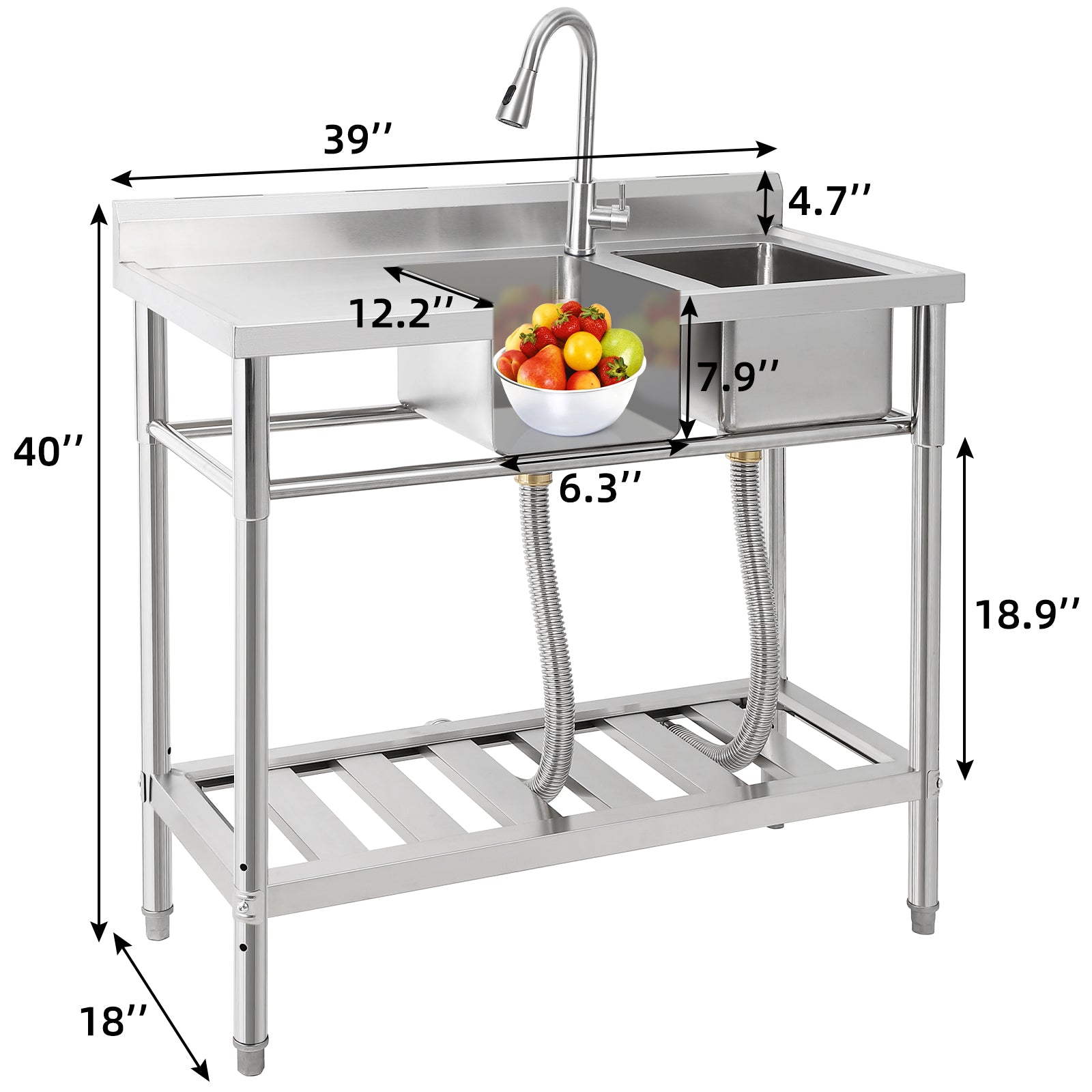 Garvee 39"W x 18"D x 40"H Freestanding 2-Bowl Sink - Stainless Steel Utility Kitchen Sink with Faucet, Drainboard, Workbench, and Storage Shelves for Restaurant, Cafe, Bar, Hotel, Garage, Laundry Room