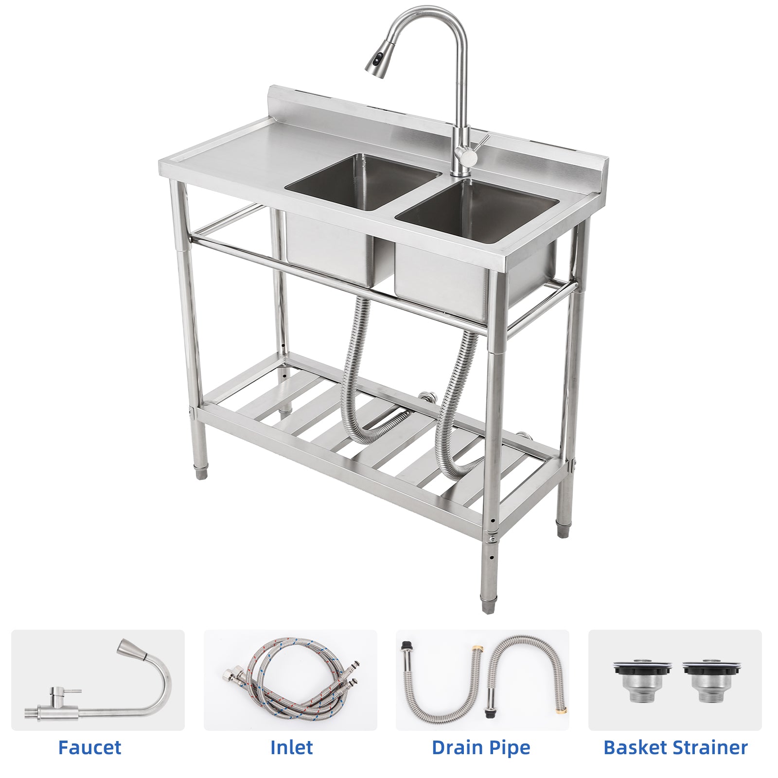 Garvee 39"W x 18"D x 40"H Freestanding 2-Bowl Sink - Stainless Steel Utility Kitchen Sink with Faucet, Drainboard, Workbench, and Storage Shelves for Restaurant, Cafe, Bar, Hotel, Garage, Laundry Room