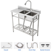 Garvee 39"W x 18"D x 40"H Freestanding 2-Bowl Sink - Stainless Steel Utility Kitchen Sink with Faucet, Drainboard, Workbench, and Storage Shelves for Restaurant, Cafe, Bar, Hotel, Garage, Laundry Room