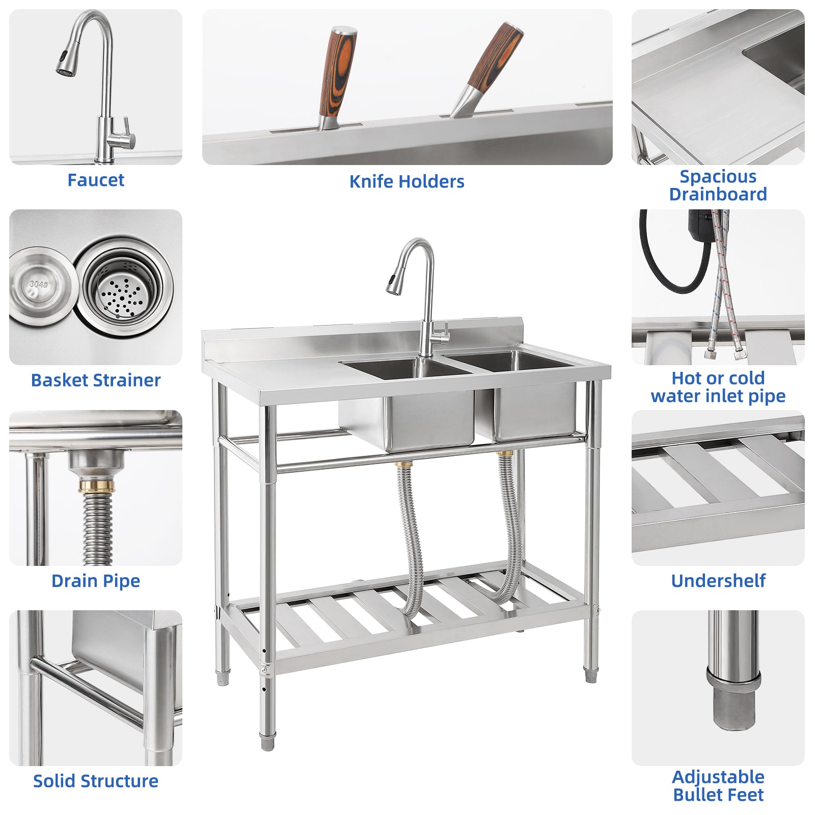Garvee 39"W x 18"D x 40"H Freestanding 2-Bowl Sink - Stainless Steel Utility Kitchen Sink with Faucet, Drainboard, Workbench, and Storage Shelves for Restaurant, Cafe, Bar, Hotel, Garage, Laundry Room