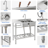Garvee 39"W x 18"D x 40"H Freestanding 2-Bowl Sink - Stainless Steel Utility Kitchen Sink with Faucet, Drainboard, Workbench, and Storage Shelves for Restaurant, Cafe, Bar, Hotel, Garage, Laundry Room