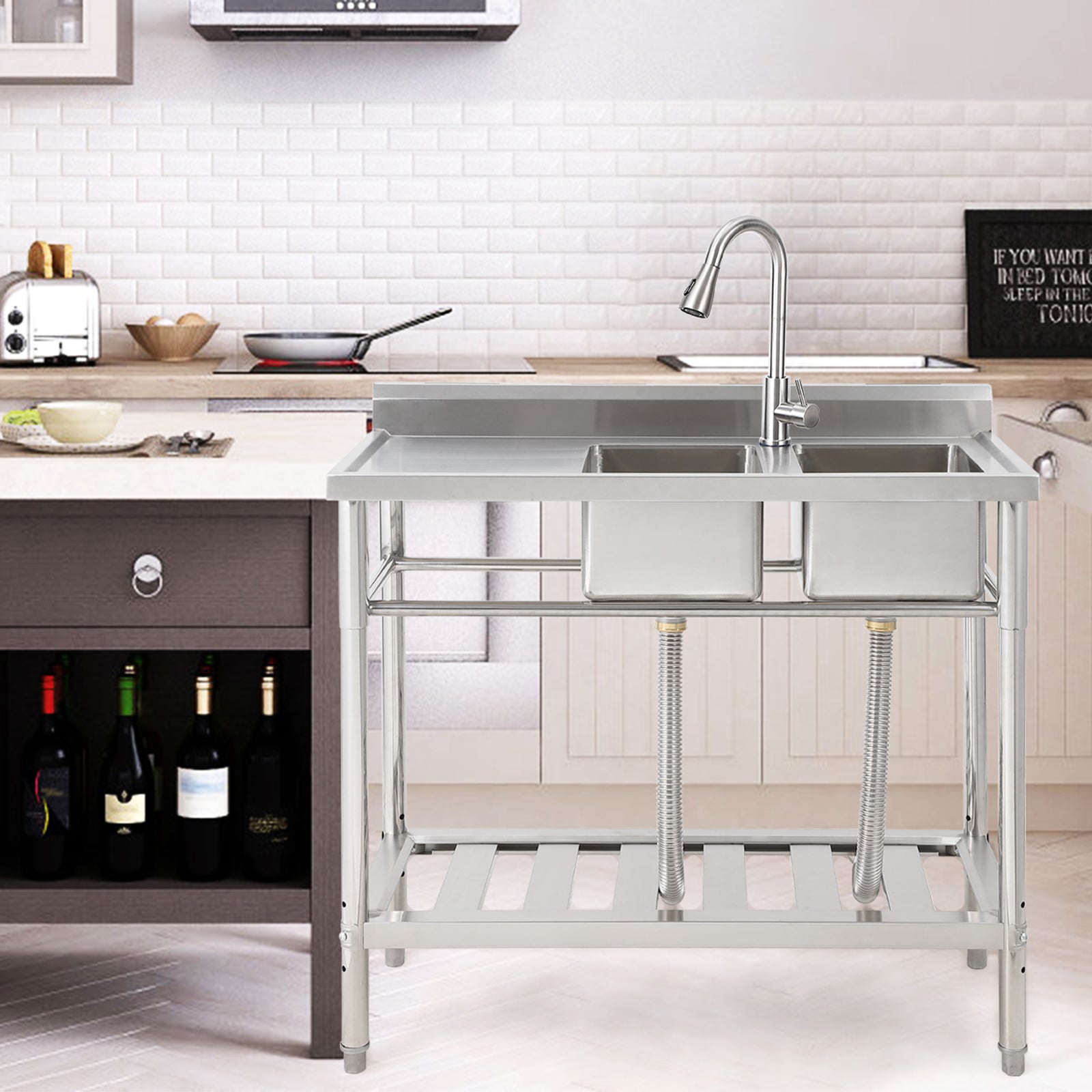 Garvee 39"W x 18"D x 40"H Freestanding 2-Bowl Sink - Stainless Steel Utility Kitchen Sink with Faucet, Drainboard, Workbench, and Storage Shelves for Restaurant, Cafe, Bar, Hotel, Garage, Laundry Room