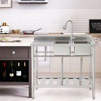 Garvee 39"W x 18"D x 40"H Freestanding 2-Bowl Sink - Stainless Steel Utility Kitchen Sink with Faucet, Drainboard, Workbench, and Storage Shelves for Restaurant, Cafe, Bar, Hotel, Garage, Laundry Room