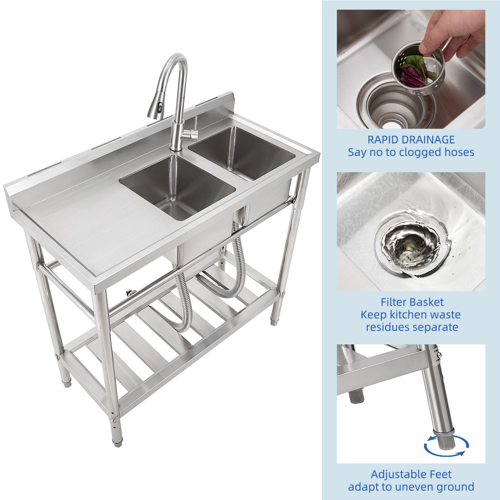 Garvee 39"W x 18"D x 40"H Freestanding 2-Bowl Sink - Stainless Steel Utility Kitchen Sink with Faucet, Drainboard, Workbench, and Storage Shelves for Restaurant, Cafe, Bar, Hotel, Garage, Laundry Room